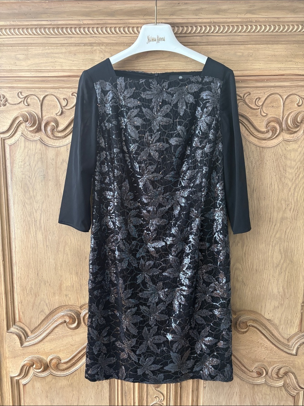 Rena Lange Black embellished shift dress, knee length, 3/4 sleeve.